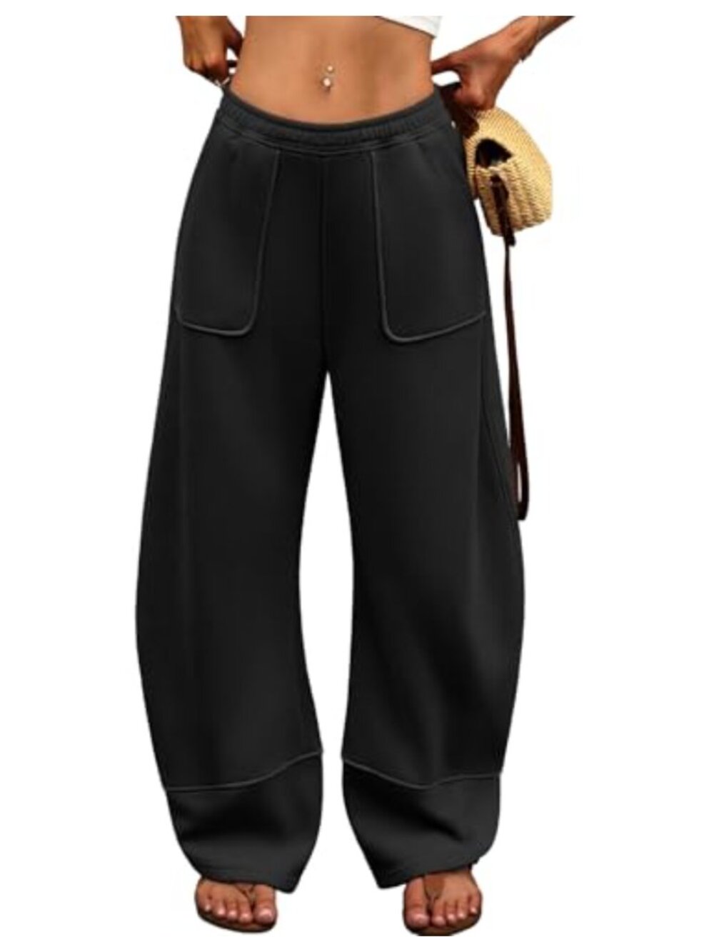 Women's Fleece Lined Barrel Sweatpants Low Rise Wide Leg Thermal Lounge Pants